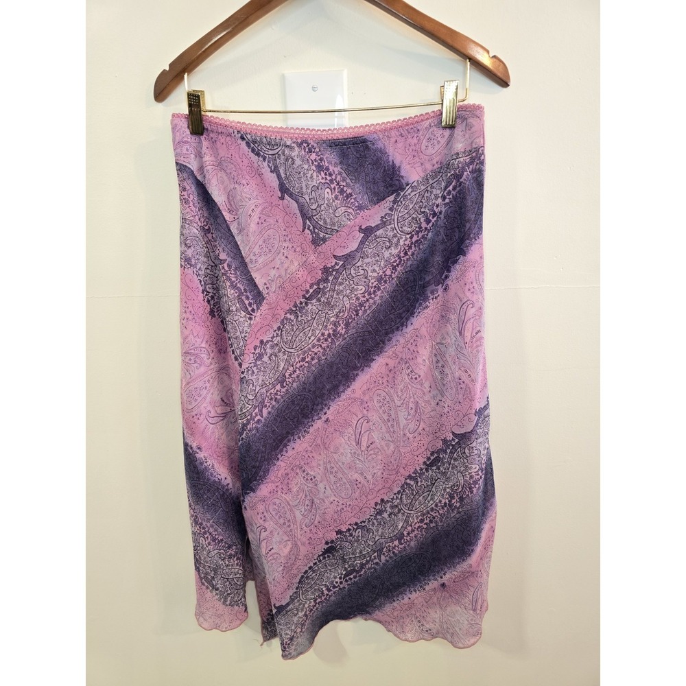 Wrapper‎ Fairycore Paisley Midi Skirt Pink Purple Sheer Lace Trim Cottagecore LG